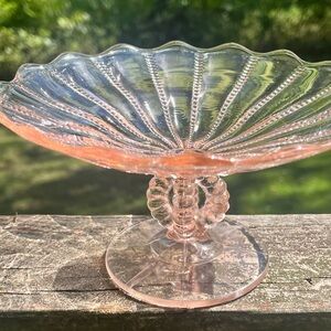 pink depression glass pedestal candy dish, L.G. Wright Glass Company.